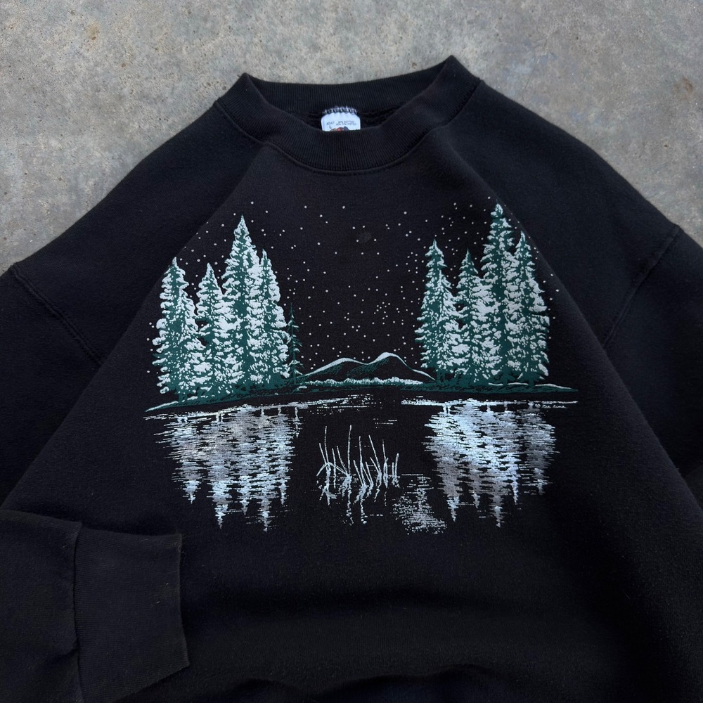 Vintage 90s Fruit of the Loom Nature Pine Tree Sweatshirt Black L (b2)